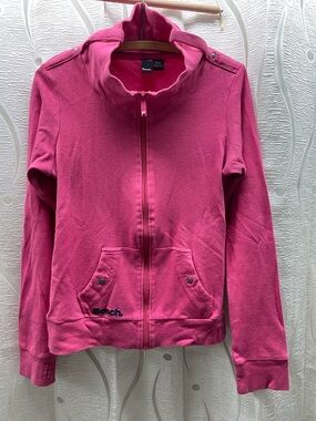 Bench Full Zip Hoodie Womens Large Hot Pink Good Funnel Neck Thumbholes Cotton